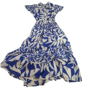 Chico's Maxi Dress – Blue/White Leaf Print Ruffle Neck Smocked Waist Boho